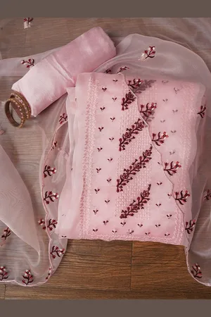 Jaipur Zari Embroidered Organza Dress Material with Dupatta