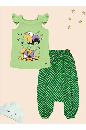 KiddoPanti Girls Printed Square Neck Pure Cotton T-shirt With Jodhpuri Pant