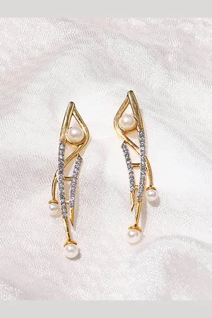Voylla Women Gold Plated American Diamond CZ Geometric Pearl Drop Earrings