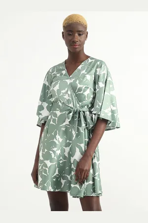 Benetton V-Neck Flutter Sleeves Abstract Printed A-Line Dress