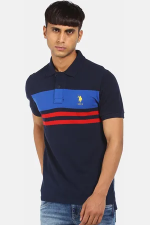 U.S. Polo Assn. U S Polo Assn Men Navy Blue Striped Polo Collar Pure Cotton T-shirt