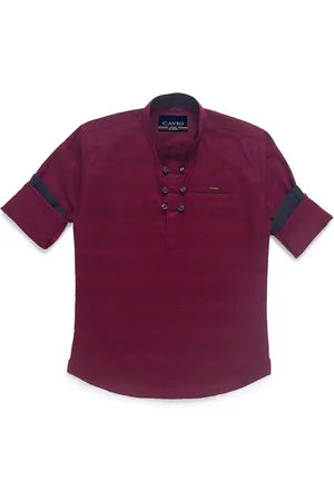 CAVIO Boys Maroon Horizontal Stripes Striped Pure Cotton Casual Shirt