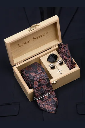 LOUIS STITCH Men Brown Floral Printed Italian Silk Necktie Accessory Gift Set