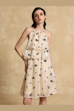 Kazo Women Floral Shoulder Straps Layered A-Line Dress