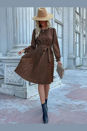 HERE&NOW Women Striped Round Neck Puff Sleeves A-Line Dress