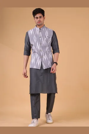 SHIWAM ETHNIX Ikat Printed Mandarin Collar Straight Kurta & Pyjamas With Nehru jacket