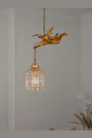 FOS Gold-Toned & Transparent Textured Gilded Cherub Crystal Antique Pendant Light