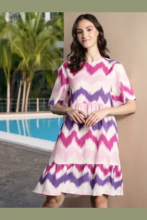 DressBerry Printed Flared Sleeve Crinkled A-Line Dress