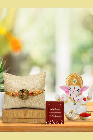eCraftIndia Set of 4 Peacock Rakhi & Lord Ganesha Idol