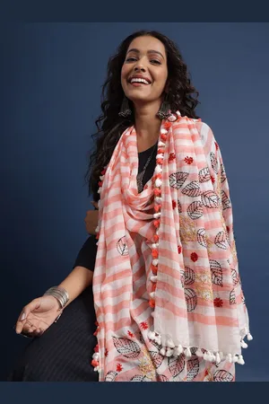 Taavi Women Floral Kantha Work Chanderi Stole with Tasselled Border