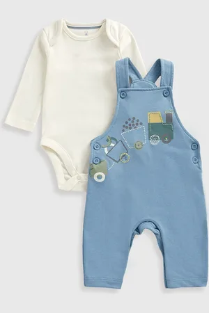 Mothercare Infants Boys Train Self Design Cotton Dungarees With Bodysuit