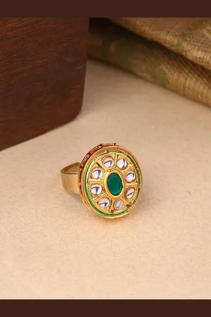 Shoshaa Women Gold Plated Green & White Meenakari Stone-Studded Finger Ring