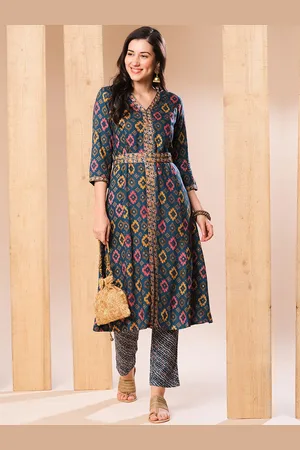 Globus Blue & Orange Ethnic Motifs Printed Regular Thread Work Kurta with Trousers