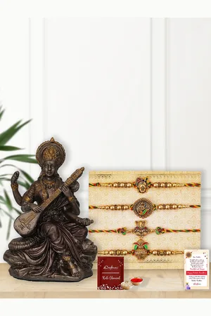 eCraftIndia Set of 4 Shrinathji Peacock Ganesha Kalash Temple Rakhis with Saraswati Idol