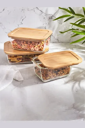 Home Centre Palestine Frisson Transparent Glass Canister With Bamboo Lid 1.52 L