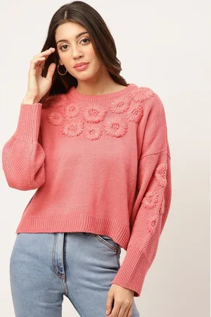 Elle Women Pink Embroidered Floral Pullover