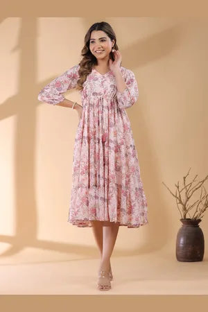 Janasya Women Pink Georgette Floral Printed Tiered Dress