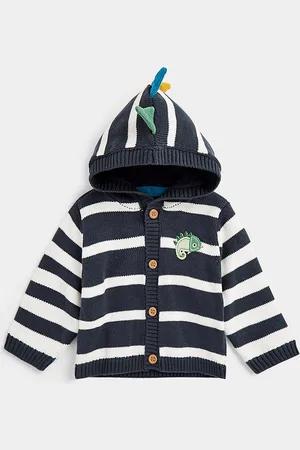 Mothercare Boys Navy Blue & White Striped Pure Cotton Cardigan with 3-D Applique Detail