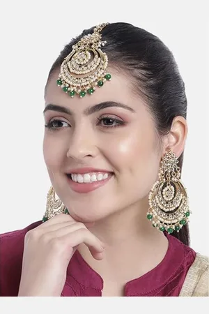 I Jewels Gold Plated & Green Chandbali Earring Set With Maang Tikka