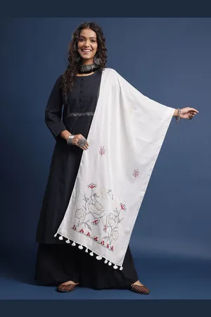 Taavi Women Floral Kantha Work Cotton Stole with Tasselled Border