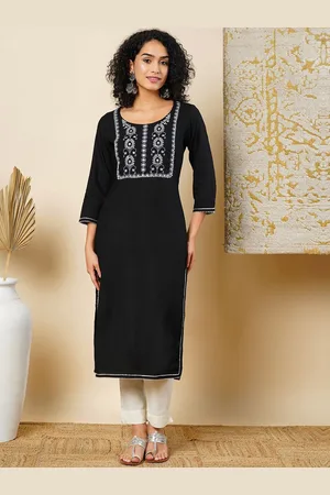Globus Black & White Floral Yoke Design Thread Work Straight Kurta