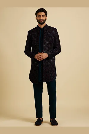 Manyavar Men Velvet Embellished Mandarin Collar Sherwani Set