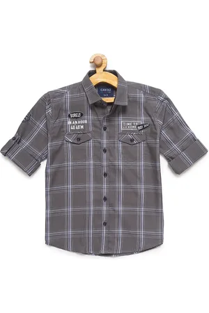 CAVIO Boys Grey & White Tartan Checks Cotton Blend Casual Shirt