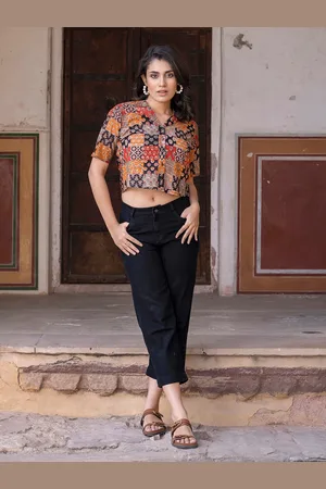 BAESD Women Ethnic Printed Cotton Shirt Style Crop Top