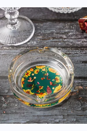 KOLOROBIA Transparent & Green Floral Printed Bliss Glass Ashtray