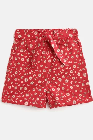 luyk Girls Red & White Pure Cotton Floral Printed Shorts