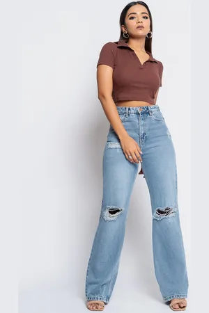 FREAKINS Women Blue Straight Fit High-Rise Slash Knee Light Fade Jeans