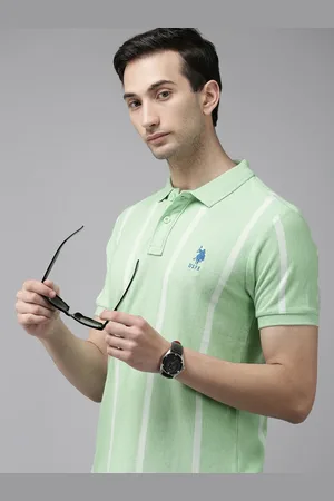 U.S. Polo Assn. Men Green & White Striped Polo Collar Pure Cotton T-shirt