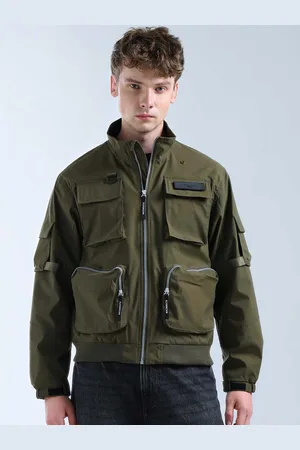Flying Machine Men Mock Collar Solid Casual Bomber Jacket