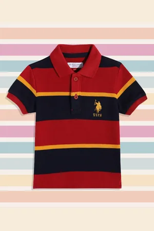 Ralph Lauren Boys Red & Navy Blue Striped Polo Collar T-shirt