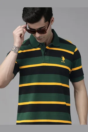 U.S. Polo Assn. U S Polo Assn Men Green & Black Striped Polo Collar Slim Fit Pure Cotton T-shirt