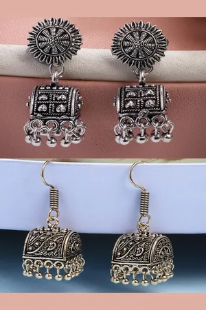 NVR Women Set of 2 German Silver Gold Plated Oxidised Contemporary Jhumka Earrings