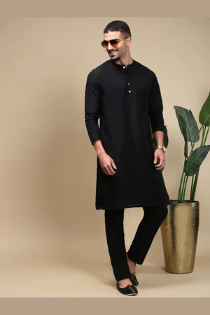 WHITE HEART Band Collar Straight Kurta With Pyjamas