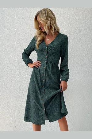 HERE&NOW Women Abstract Printed Puff Sleeves A-Line Midi Dress