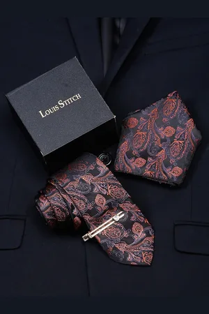 LOUIS STITCH Men Printed Italian Silk Necktie Accessory Gift Set