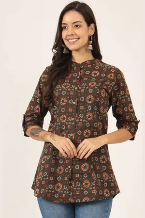 BAESD Women Ethnic Motifs Printed Mandarin Collar Roll-Up Sleeves Cotton Shirt Style Top