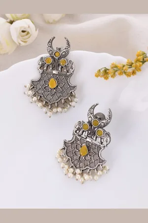 Dastoor Silver-Plated Stone-Studded & Beaded Silver Contemporary Oxidised Drop Earrings