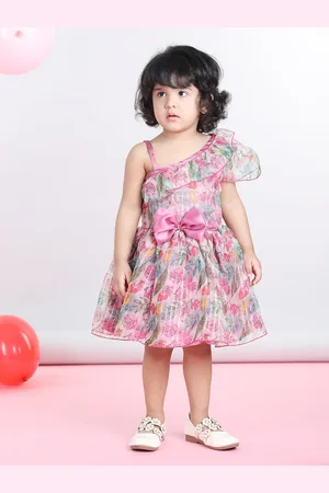 Cutiekins Girls Floral Printed One Shoulder Flutter Sleeve Bow Fit & Flare Dress
