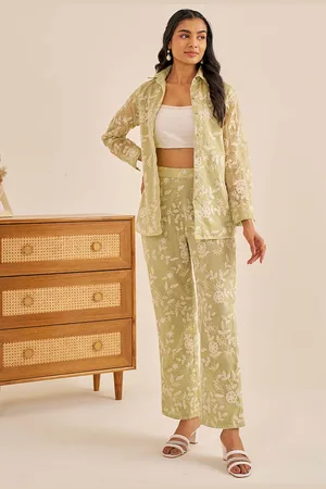ALAYA Embroidered Pure Cotton Shirt With Top & Trousers Co-Ords