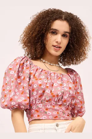 Mayra Women Cotton Floral Printed Puff Sleeve Blouson Crop Top