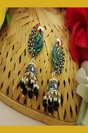 DIVASTRI Gold-Plated Artificial Beads Peacock Shaped Jhumkas Earrings