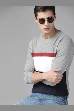 Roadster Men Grey Melange & Navy Blue Pure Cotton Colourblocked T-shirt