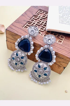 ABDESIGNS Silver-Plated Stone-Studded & Beaded Classic Drop Earrings