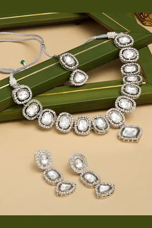 Ami Silver Plated Artificial Stones-Studded Necklace and Earrings With Maang Tika