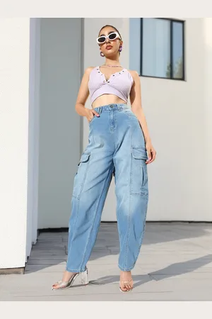 DressBerry Women Blue Slouchy HR Light Fade Stretchable Neutility Cargo Jeans