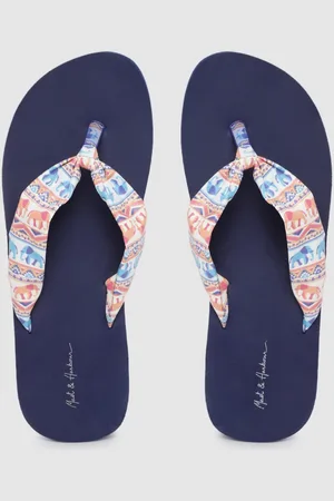 Mast & Harbour Women Peach-Coloured & Navy Blue Ethnic Motifs Print Thong Flip-Flops